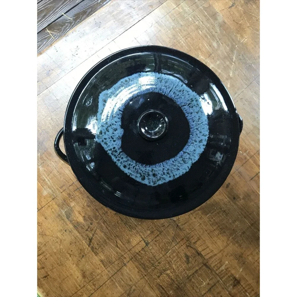 Large Pottery Stoneware Blue Glaze Unsigned With Lid & Handles Cottagecore